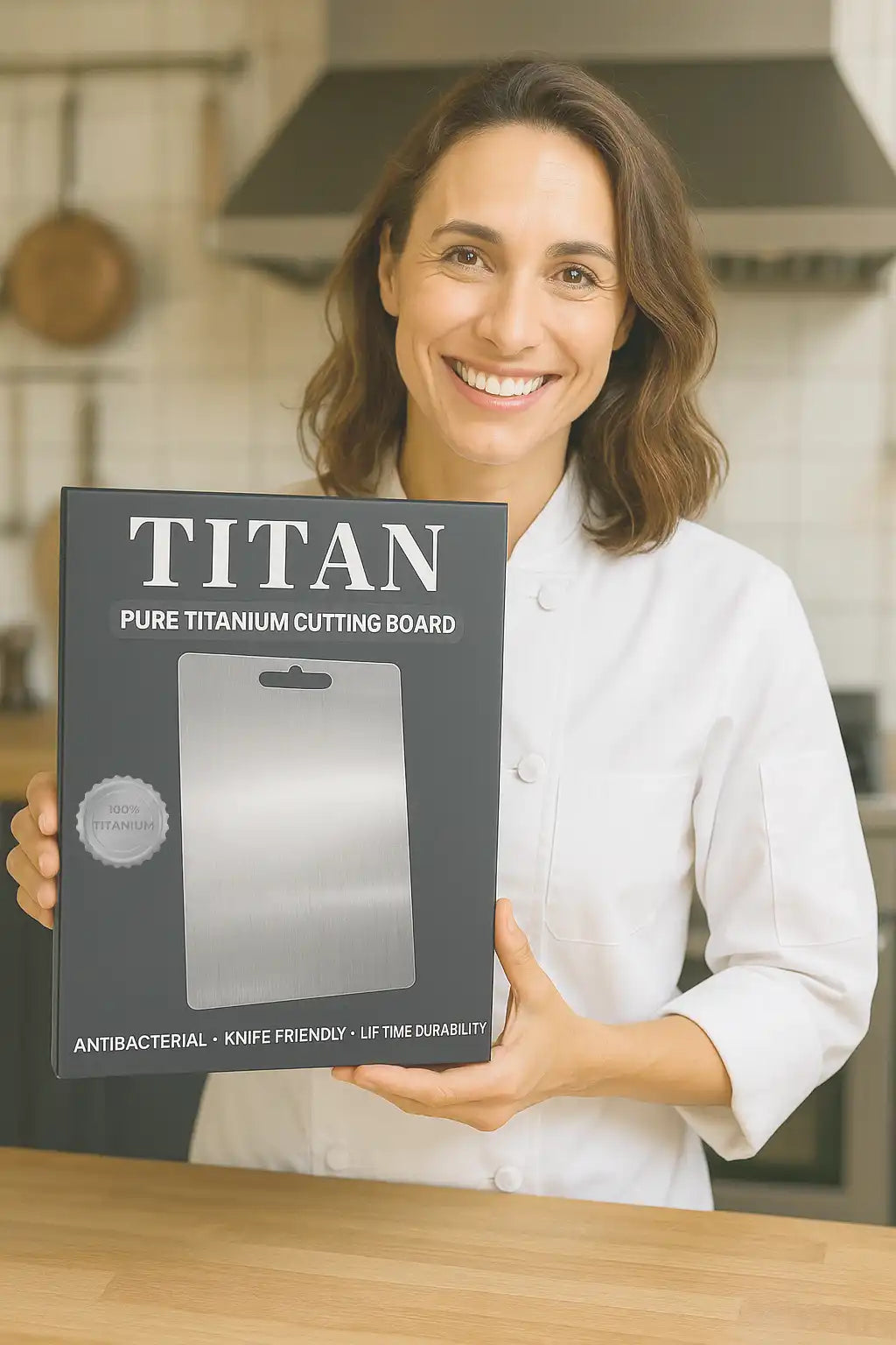 Woman holding a Titan pure titanium cutting board